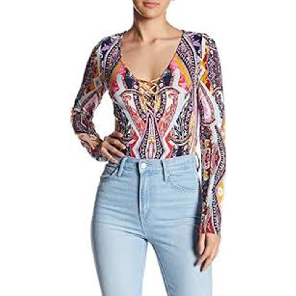 Free People Size Small Bodysuit Pink Colorful Liquid Knit Boho Lace Up Paisley